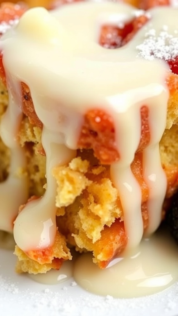 Warm bread pudding topped with vanilla glaze and garnished with powdered sugar and berries.
